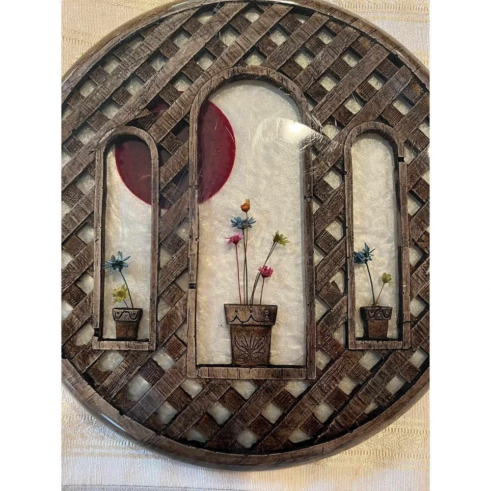 VTG MCM Lucite Trivet & Spoon Rest Matching Set Flowers Wood Lattice & Red Sun